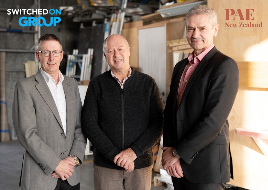 PAE NZ X Switched On Group with logos Andrew Radburnd Acting CEO Paul Rogers Board Director Chris Pile2